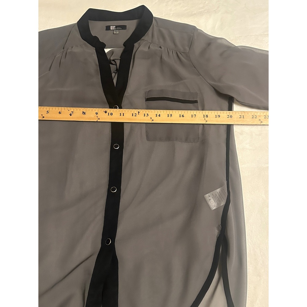 KUT from the Kloth Grey Sheer Draped Back Blouse Black Trim Medium flowy - Picture 13 of 16